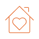 A line-art icon of a house with a heart inside.