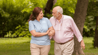 A caregiver walking through a nature scene with her client.